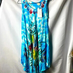 NWT EXIST FREE SIZE WO BEACH COVER UP SUMMER DRESS BLUE TIE DYE FLORAL